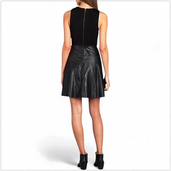 Joie Black Lamb Leather Adamina Contrast Panel Fit and Flare Dress Flirty XS - Picture 4 of 9